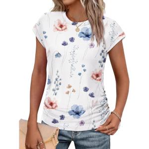 imageSAMPEEL Womens Summer Tops Trendy 2025 Ruched Cap Short Sleeve Tshirts Shirts Crew Neck T Shirts FashionUnique Floral White