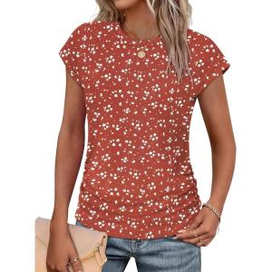 imageSAMPEEL Womens Summer Tops Trendy 2025 Ruched Cap Short Sleeve Tshirts Shirts Crew Neck T Shirts FashionUnique Irregular White Dots