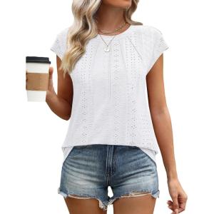 imageSAMPEEL Womens T Shirts Short Sleeve Pleated Dressy Casual Cap Sleeve Summer Tops BlousesAll White