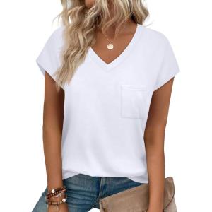 imageSAMPEEL Womens T Shirts V Neck Cap Short Sleeve Summer Tops Trendy 2025 Loose Casual Tshirts with PocketAll White