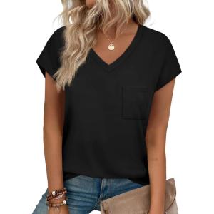 imageSAMPEEL Womens T Shirts V Neck Cap Short Sleeve Summer Tops Trendy 2025 Loose Casual Tshirts with PocketBlack