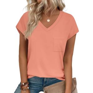 imageSAMPEEL Womens T Shirts V Neck Cap Short Sleeve Summer Tops Trendy 2025 Loose Casual Tshirts with PocketCoral