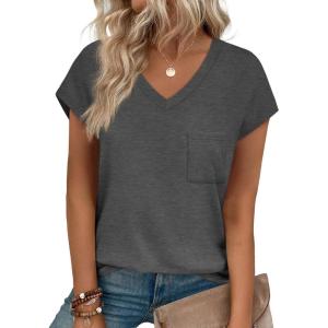 imageSAMPEEL Womens T Shirts V Neck Cap Short Sleeve Summer Tops Trendy 2025 Loose Casual Tshirts with PocketDark Grey
