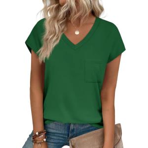 imageSAMPEEL Womens T Shirts V Neck Cap Short Sleeve Summer Tops Trendy 2025 Loose Casual Tshirts with PocketGreen