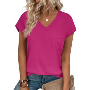 imageSAMPEEL Womens T Shirts V Neck Cap Short Sleeve Summer Tops Trendy 2025 Loose Casual Tshirts with PocketHot Pink