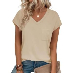 imageSAMPEEL Womens T Shirts V Neck Cap Short Sleeve Summer Tops Trendy 2025 Loose Casual Tshirts with PocketKhaki