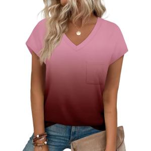 imageSAMPEEL Womens T Shirts V Neck Cap Short Sleeve Summer Tops Trendy 2025 Loose Casual Tshirts with PocketOmbre Burgundy