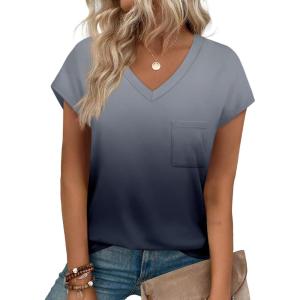 imageSAMPEEL Womens T Shirts V Neck Cap Short Sleeve Summer Tops Trendy 2025 Loose Casual Tshirts with PocketOmbre Grey