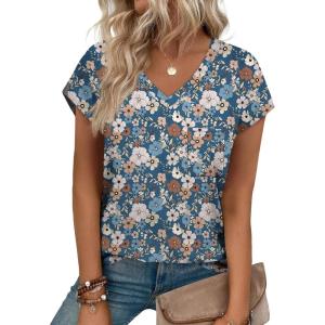 imageSAMPEEL Womens T Shirts V Neck Cap Short Sleeve Summer Tops Trendy 2025 Loose Casual Tshirts with PocketPattern Floral Blue