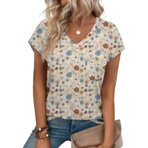 imageSAMPEEL Womens T Shirts V Neck Cap Short Sleeve Summer Tops Trendy 2025 Loose Casual Tshirts with PocketPattern Floral Khaki
