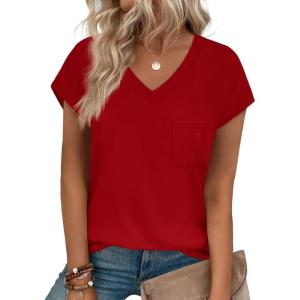 imageSAMPEEL Womens T Shirts V Neck Cap Short Sleeve Summer Tops Trendy 2025 Loose Casual Tshirts with PocketRed