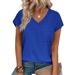imageSAMPEEL Womens T Shirts V Neck Cap Short Sleeve Summer Tops Trendy 2025 Loose Casual Tshirts with PocketRoyal Blue