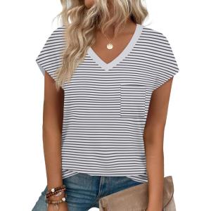 imageSAMPEEL Womens T Shirts V Neck Cap Short Sleeve Summer Tops Trendy 2025 Loose Casual Tshirts with PocketStriped Black White