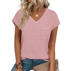 imageSAMPEEL Womens T Shirts V Neck Cap Short Sleeve Summer Tops Trendy 2025 Loose Casual Tshirts with PocketStriped Pink