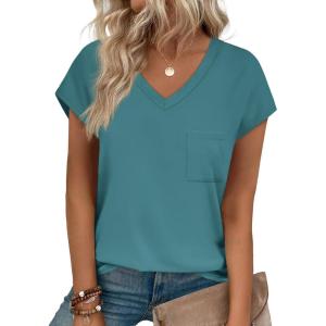 imageSAMPEEL Womens T Shirts V Neck Cap Short Sleeve Summer Tops Trendy 2025 Loose Casual Tshirts with PocketTurquoise