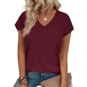 imageSAMPEEL Womens T Shirts V Neck Cap Short Sleeve Summer Tops Trendy 2025 Loose Casual Tshirts with PocketWine Red