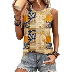 imageSAMPEEL Womens Tank Tops Eyelet Loose Casual Summer Tops Crew Neck Basic Sleeveless Shirts Trendy 2025Printmulti Brown