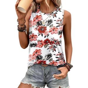 imageSAMPEEL Womens Tank Tops Eyelet Loose Casual Summer Tops Crew Neck Basic Sleeveless Shirts Trendy 2025Printred Flower