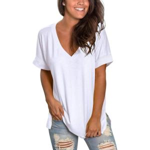 imageSAMPEEL Womens V Neck T Shirts Casual Rolled Short Sleeve Side Split Summer Tops Loose Fit01white