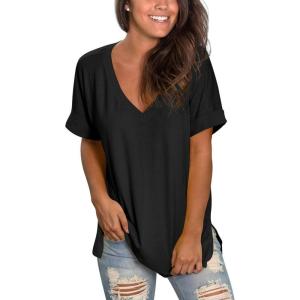 imageSAMPEEL Womens V Neck T Shirts Casual Rolled Short Sleeve Side Split Summer Tops Loose Fit02black