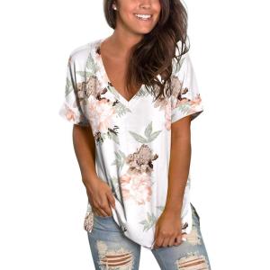 imageSAMPEEL Womens V Neck T Shirts Casual Rolled Short Sleeve Side Split Summer Tops Loose Fit25pink Rose F