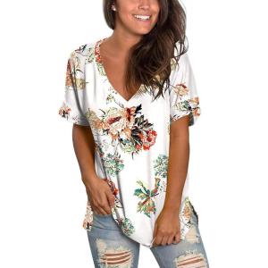 imageSAMPEEL Womens V Neck T Shirts Casual Rolled Short Sleeve Side Split Summer Tops Loose Fit26whitepeony
