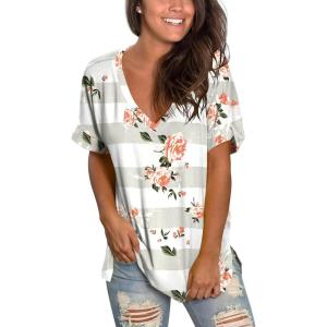 imageSAMPEEL Womens V Neck T Shirts Casual Rolled Short Sleeve Side Split Summer Tops Loose Fit28greystripe