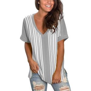 imageSAMPEEL Womens V Neck T Shirts Casual Rolled Short Sleeve Side Split Summer Tops Loose Fit300vertical Strp