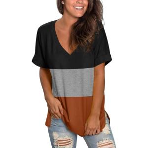 imageSAMPEEL Womens V Neck T Shirts Casual Rolled Short Sleeve Side Split Summer Tops Loose Fit302blackGreyOrange