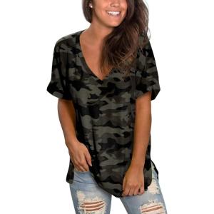 imageSAMPEEL Womens V Neck T Shirts Casual Rolled Short Sleeve Side Split Summer Tops Loose Fit43blackcamo