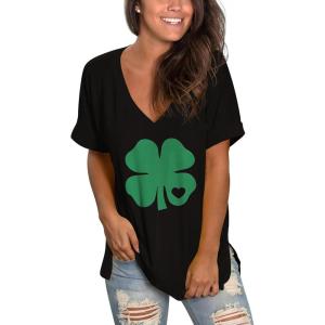 imageSAMPEEL Womens V Neck T Shirts Casual Rolled Short Sleeve Side Split Summer Tops Loose Fit52blackclover