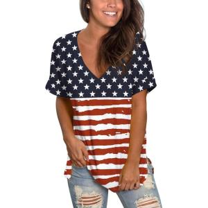 imageSAMPEEL Womens V Neck T Shirts Casual Rolled Short Sleeve Side Split Summer Tops Loose Fit52usa Flag B