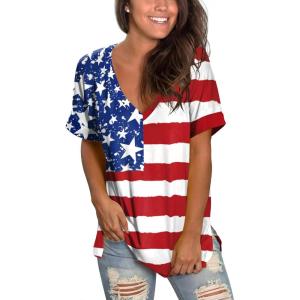 imageSAMPEEL Womens V Neck T Shirts Casual Rolled Short Sleeve Side Split Summer Tops Loose Fit52usa Flag E