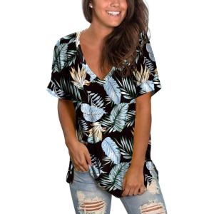imageSAMPEEL Womens V Neck T Shirts Casual Rolled Short Sleeve Side Split Summer Tops Loose Fit56blackleaves