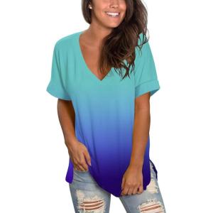 imageSAMPEEL Womens V Neck T Shirts Casual Rolled Short Sleeve Side Split Summer Tops Loose Fit62gradientskyblue