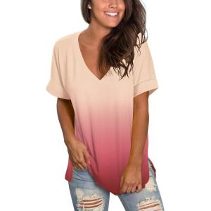 imageSAMPEEL Womens V Neck T Shirts Casual Rolled Short Sleeve Side Split Summer Tops Loose Fit63gradientcoral