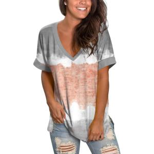 imageSAMPEEL Womens V Neck T Shirts Casual Rolled Short Sleeve Side Split Summer Tops Loose Fit91tiedyec