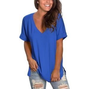 imageSAMPEEL Womens V Neck T Shirts Casual Rolled Short Sleeve Side Split Summer Tops Loose FitBlue
