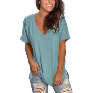imageSAMPEEL Womens V Neck T Shirts Casual Rolled Short Sleeve Side Split Summer Tops Loose FitBlue Green