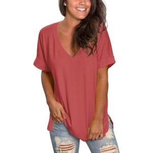 imageSAMPEEL Womens V Neck T Shirts Casual Rolled Short Sleeve Side Split Summer Tops Loose FitBrickred