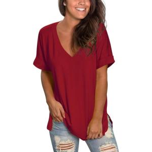 imageSAMPEEL Womens V Neck T Shirts Casual Rolled Short Sleeve Side Split Summer Tops Loose FitBurgundy