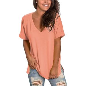 imageSAMPEEL Womens V Neck T Shirts Casual Rolled Short Sleeve Side Split Summer Tops Loose FitCoral