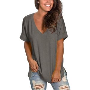imageSAMPEEL Womens V Neck T Shirts Casual Rolled Short Sleeve Side Split Summer Tops Loose FitDarkgray