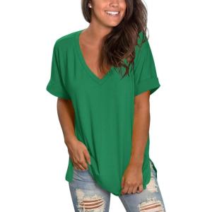imageSAMPEEL Womens V Neck T Shirts Casual Rolled Short Sleeve Side Split Summer Tops Loose FitForest Green