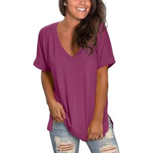 imageSAMPEEL Womens V Neck T Shirts Casual Rolled Short Sleeve Side Split Summer Tops Loose FitFuchsia