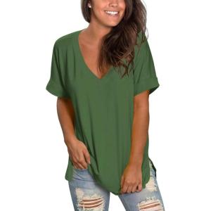 imageSAMPEEL Womens V Neck T Shirts Casual Rolled Short Sleeve Side Split Summer Tops Loose FitGreen
