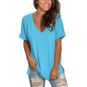 imageSAMPEEL Womens V Neck T Shirts Casual Rolled Short Sleeve Side Split Summer Tops Loose FitLakeblue