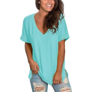 imageSAMPEEL Womens V Neck T Shirts Casual Rolled Short Sleeve Side Split Summer Tops Loose FitLakegreen