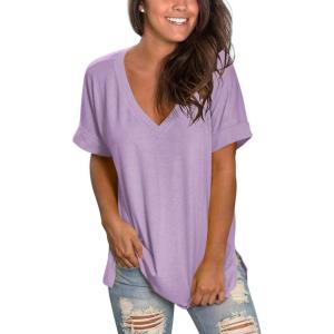 imageSAMPEEL Womens V Neck T Shirts Casual Rolled Short Sleeve Side Split Summer Tops Loose FitMauve
