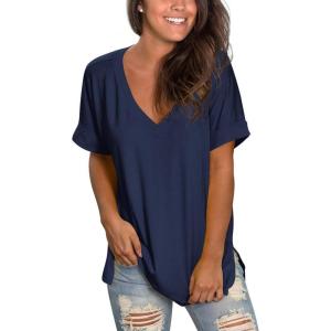 imageSAMPEEL Womens V Neck T Shirts Casual Rolled Short Sleeve Side Split Summer Tops Loose FitNavy Blue